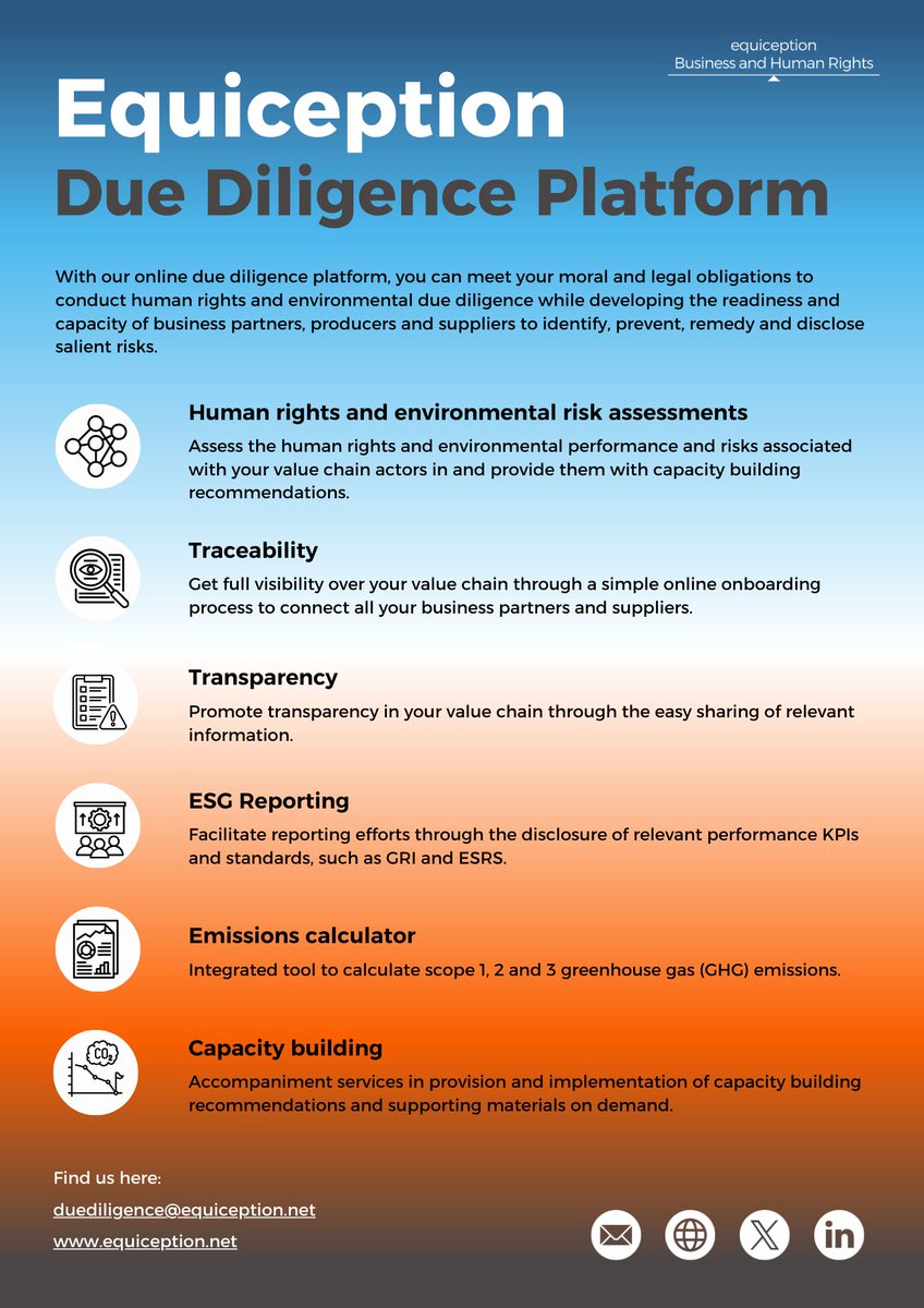 Seeking to meet your moral and legal obligations for human rights and environmental #duediligence?

Look no further!

Take charge of human rights and environmental risk mitigation with our online due diligence platform.

Learn more here: bit.ly/3w1ohi7

#bizhumanrights