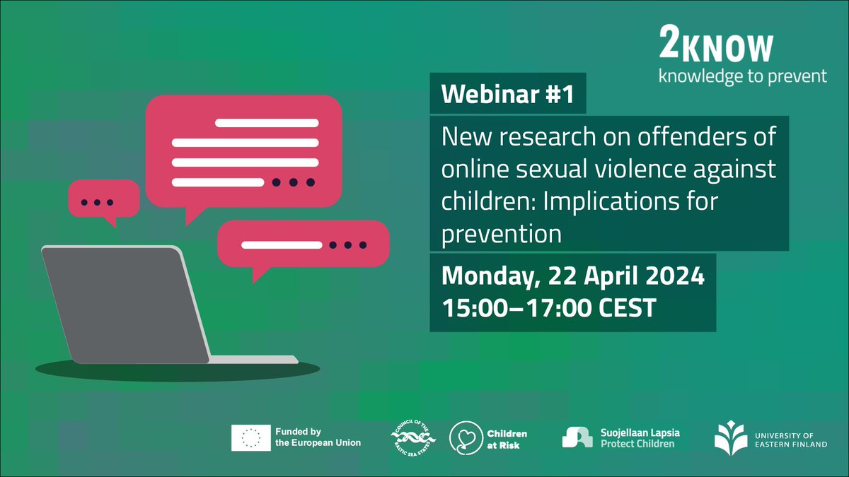 🔔 Last chance to sign up to join our #2KNOW webinar this afternoon! 💻 Learn more about the #2KNOW project and hear our latest research findings on online child sexual abuse offenders. 🔗Register here: us06web.zoom.us/webinar/regist…