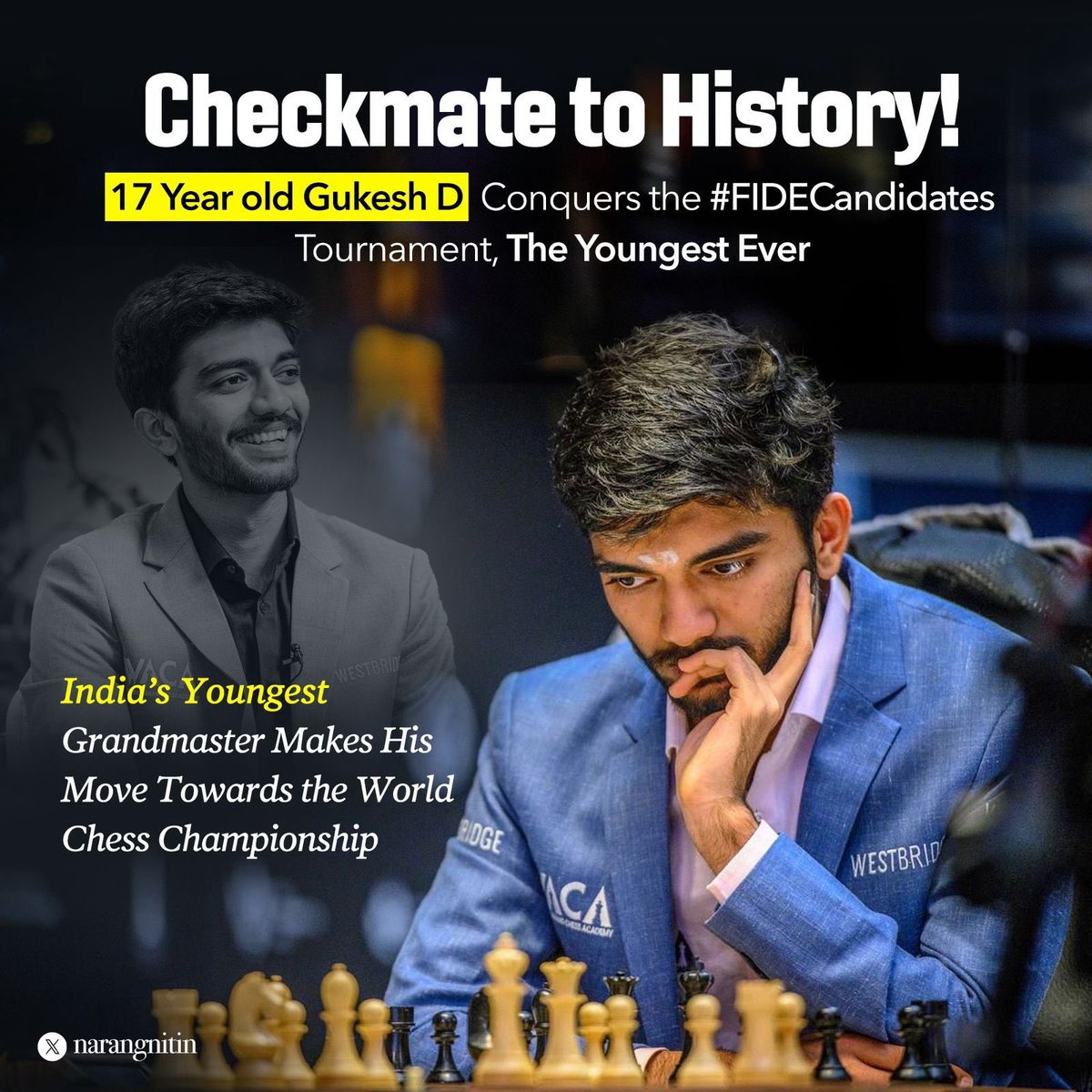 GOAT @DGukesh ! 🙌👑 Gukesh D, made history as the youngest ever to clinch the #FIDECandidates Tournament. Gukesh, you're not just playing the game; you're paving a path for the future & we all are super proud of you! Under the visionary leadership and pro player initiatives of