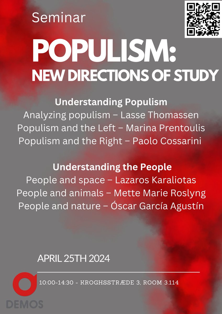 Populism: New directions of study Join DEMOS for a seminar on populism this Thursday from 10:00 to 14:30 at AAU! The objective of the seminar is to think critically about the studies of populism, and reflect upon how to move forward with potentials and limitations See you there!