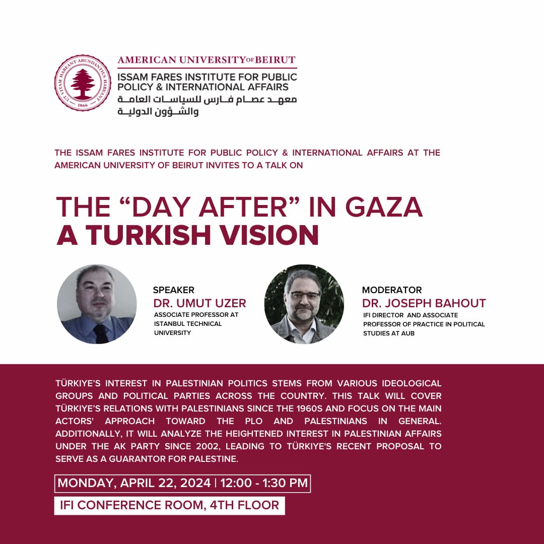 Bölüm öğretim üyelerimizden Doç. Dr. Umut Uzer (@UmutUzer66) 22 Nisan (bugün) saat 12:00'de American University of Beirut'ta (@AUB_Lebanon) 'The 'Day After' in Gaza: A Turkish Vision' başlıklı bir konuşma yapacak.