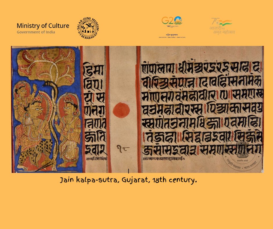sjmhyd's tweet photo. Check out a Jain ‘kalpa-sutra’ manuscript in Prakrit with seven lined ‘Devanagari’ script with an illustrated panel. This folio depicts the ‘amalaki-krida’ from Lord Mahavira’s life, from Gujarat, 18th century.
1/2
#SalarJungMuseum #AmritMahotsav #Mahavira #Kalpasutra #Jainart https://t.co/2LplCwNh9A