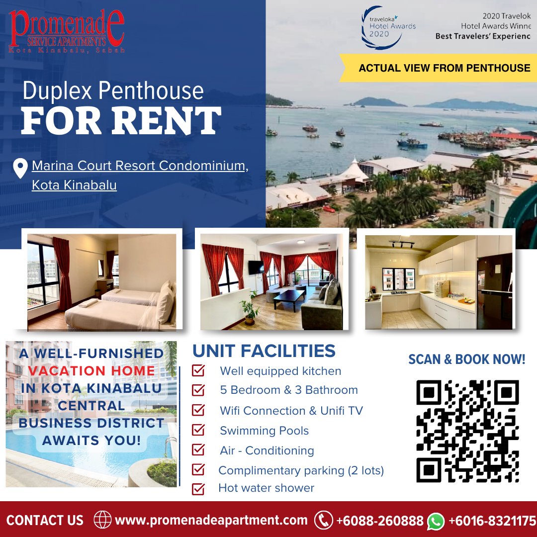 A duplex penthouse located at the heart of the city with an outdoor swimming pool Book now promenadeapartment.com/penthouse_list…  For more enquiries:  📞Phone: +6088 260888 📲WhatsApp: wa.link/wdkdch 📍 Location Map:  maps.app.goo.gl/Q2Yj26CCFHEnv8…  #luxurystay #seaview #kkcity #penthouse