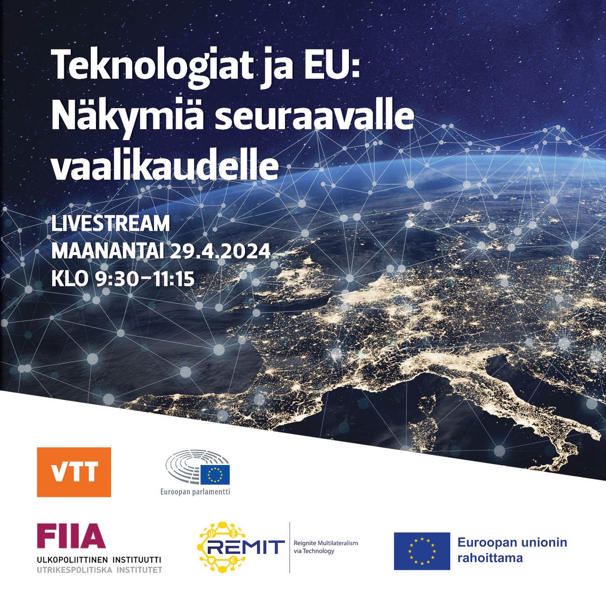 Teknologiat ja EU -keskustelu ma 29.4. klo 9.30: Teknologian rooli kasvaa kilpailukyvyn ja turvallisuuden osalta. Millainen teknologiaosaaja Suomi on EU:ssa? Juontajana Sakari @sirkkanen Ilmoittaudu mukaan striimiin👉 fiia.fi/tapahtuma/tekn… #EUvaalit2024 @Europarl_FI @FIIA_fi