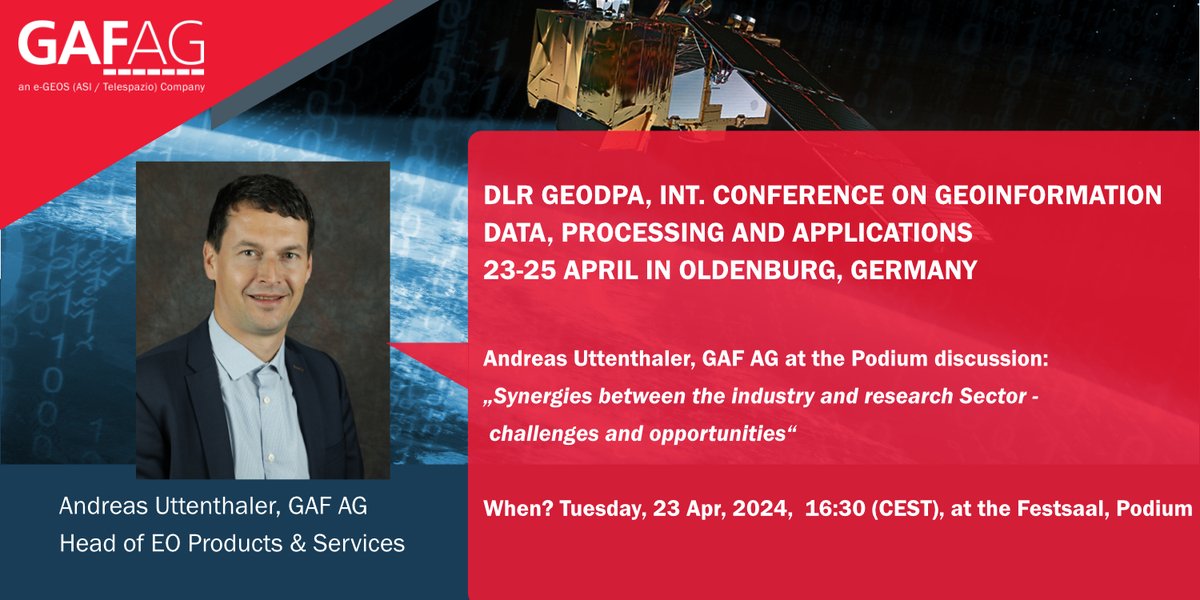 🚀Look forward with us to the new @DLR_de International Conference on #Geoinformation #Data, Processing & Applications, GeoDPA. Our Head of #EO Products & Services, will be on the podium on Tuesday 23rd April. Tune in geodpa2024.welcome-manager.de/front/content.… & Info: gaf.de/geodpa24/