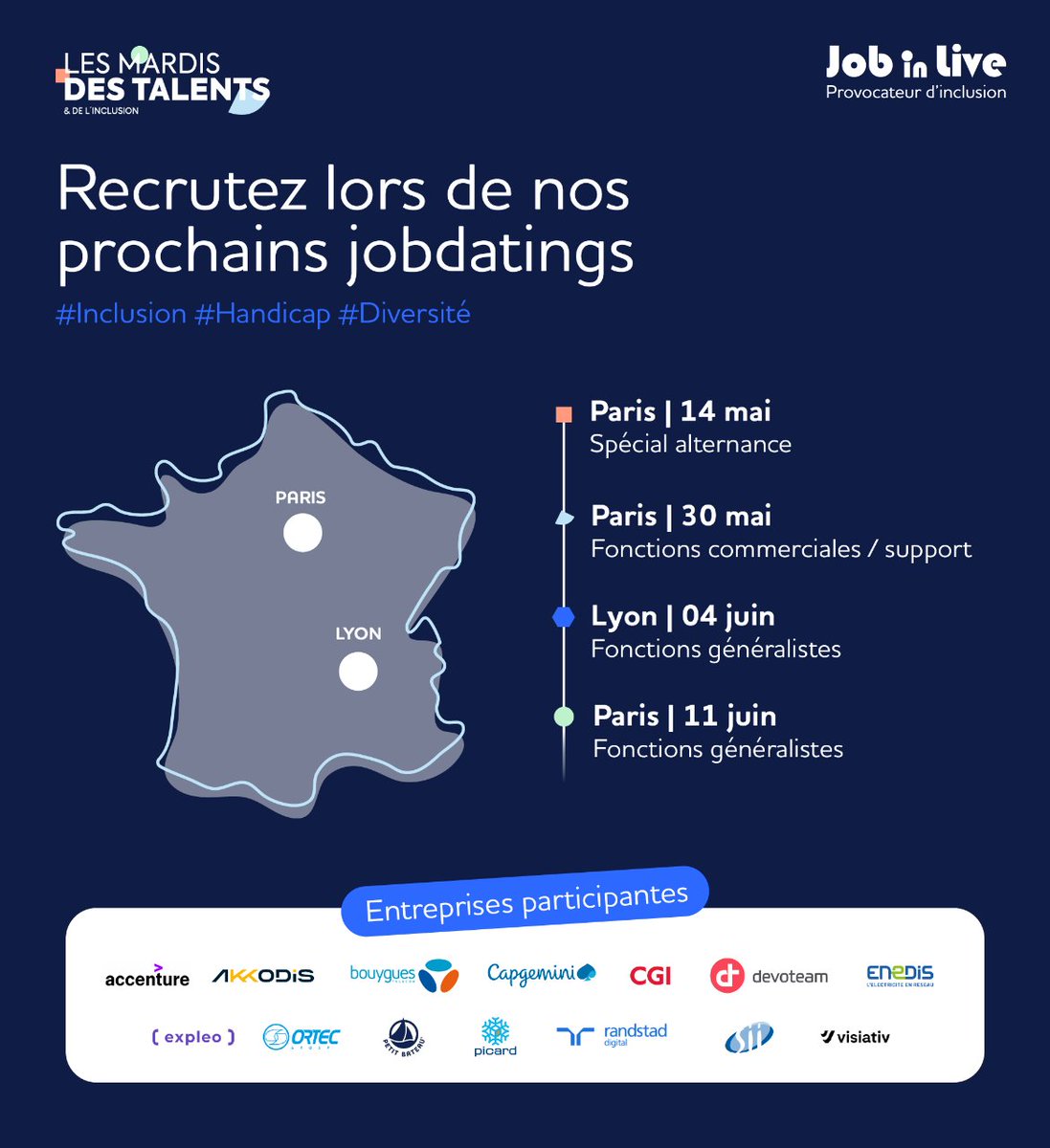 Découvrez les prochains jobdatings pour recruter vos futurs talents 📅
14 entreprises engagées recrutent déjà dont <a href="/RandstadDigital/">RandstadDigital</a> <a href="/GroupeSII/">Groupe SII</a> <a href="/visiativ/">Visiativ</a>.
Vous souhaitez y participer ? 👉 i.mtr.cool/jkqnhasbar 
i.mtr.cool/luetksysrr
#Inclusion #Recrutement #Jobdating