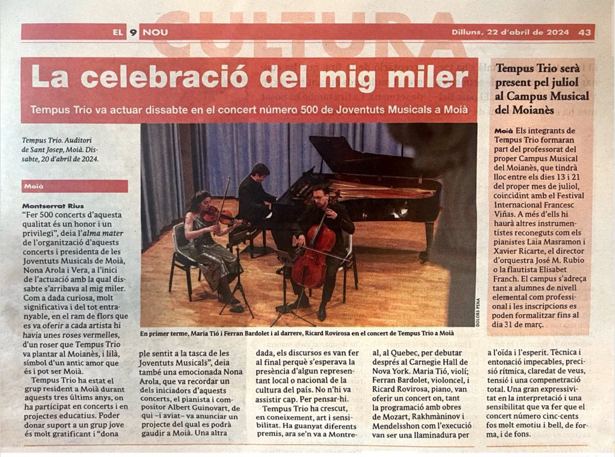 TempusTrio's tweet photo. Gràcies @MontserratRius @el9nou  i a tots els que dissabte vau omplir #auditorisantjosep de Moià. Va ser intens!! #juventutsmusicalsmoia https://t.co/6uWsT1Y1lP
