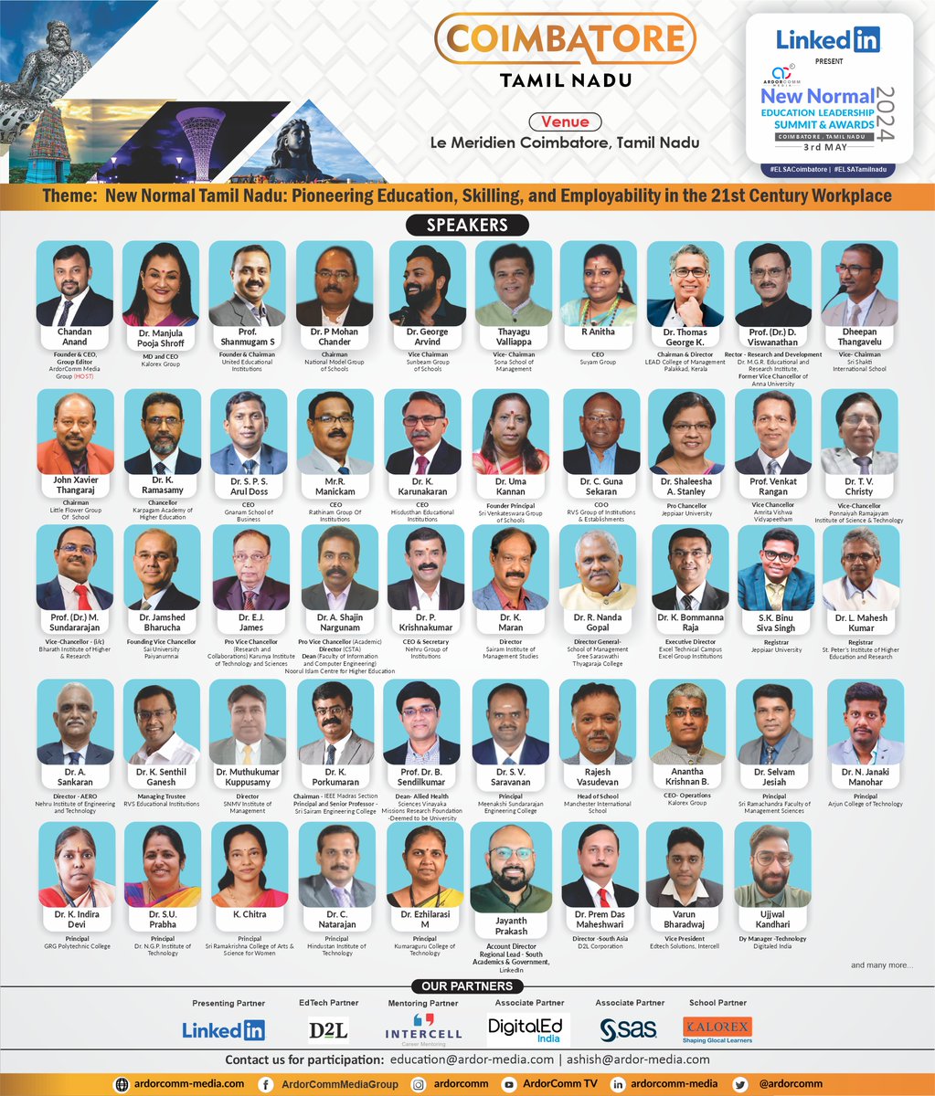 We are glad to Welcome our Eminent Speakers, Delegates & Partners at the “New Normal- Education Leadership Summit & Awards 2024” at Coimbatore, Tamil Nadu on 3rd May 2024. 

#ELSATamilNadu #ELSACoimbatore #NewNormal #ArdorComm #AdorCommAward #Awards2024 #Award