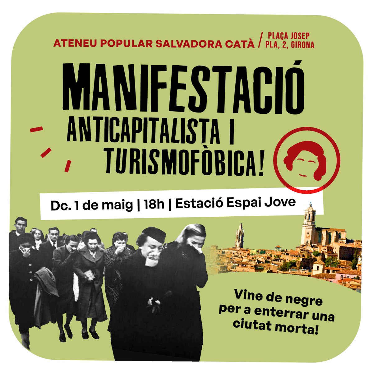 📢 CONVOCATÒRIA 📢

Aquest #1Maig sortim al carrer contra la massificació turística. Prou apartaments! Prou lloguers exorbitats! Prou precarietat! Volem una ciutat per les veïnes, no un decorat per ciclistes milionaris!

Alcem-nos per un futur lliure de misèria capitalista ✊