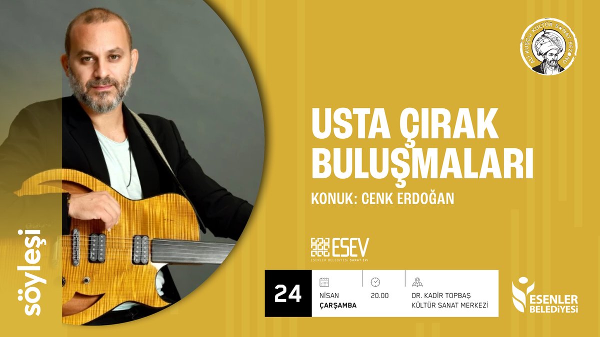 Gitarist, besteci ve aranjör Cenk Erdoğan, başarılı müzik kariyerini ve müziğe dair yaklaşımlarını aktaracağı söyleşimiz çarşamba günü saat 20.00'de Dr. Kadir Topbaş Kültür Sanat Merkezi'nde.