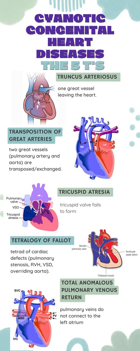 The most common cyanotic congenital heart diseases; the 5 T's. 
👉 Truncus arteriosus 
👉 Transposition of Great arteries 
👉 Tricuspid atresia 
👉 Tetralogy of fallot 
👉 Total anomalous pulmonary venous return.