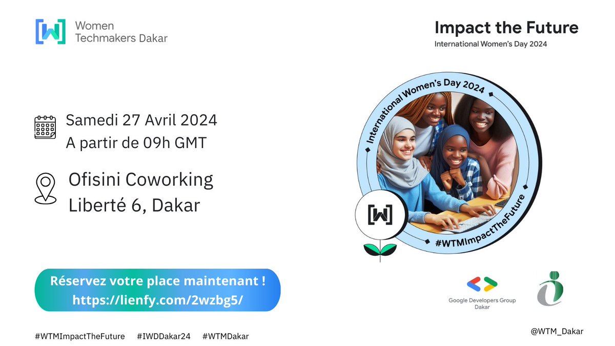 🥳 Vous êtes invité à la célébration ultime : IWD Dakar 2024 ! 📅 Date : 27 avril 2024 🕘 Heure : À partir de 9h GMT 📍 Lieu : @Ofisiniwork Places limitées ! Réserver votre place en vous inscrivant via ce lien : gdg.community.dev/e/mghrnm/ #IWDDakar24 #WTMImpactTheFuture 🧵