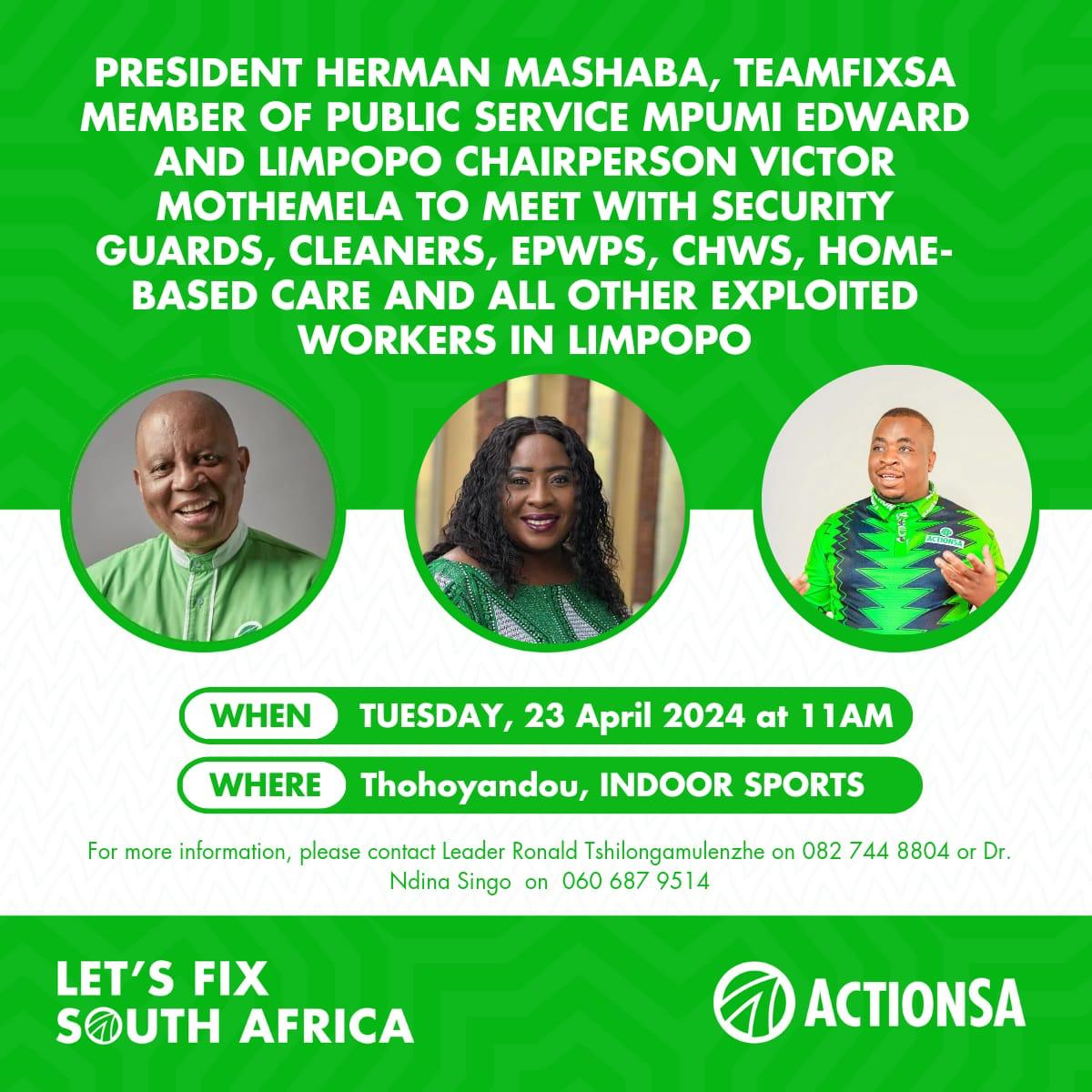 Together with ActionSA President, Herman Mashaba, and Limpopo Premier candidate, Victor Mothemela, we will be meeting with workers from vulnerable industries in order to assist them against exploitation. We want workers to be treated with dignity #OnlyActionWillFixSA 💚🤍💚🤍🇿🇦🇿🇦