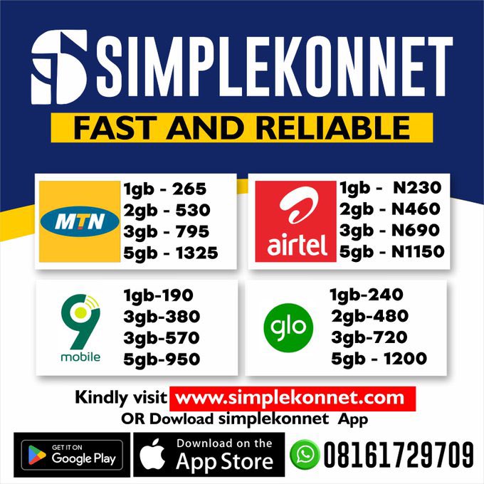 Use more data and spend less with the Simple Konnect Data merchant app. Just download it on your Apple or google play store and enjoy data offers for as low as N265 for 1gig Na Wetin I Dey use o. Or go to simplekonnet.com. Sango Ota Babcock Bright Chimezie Siasia