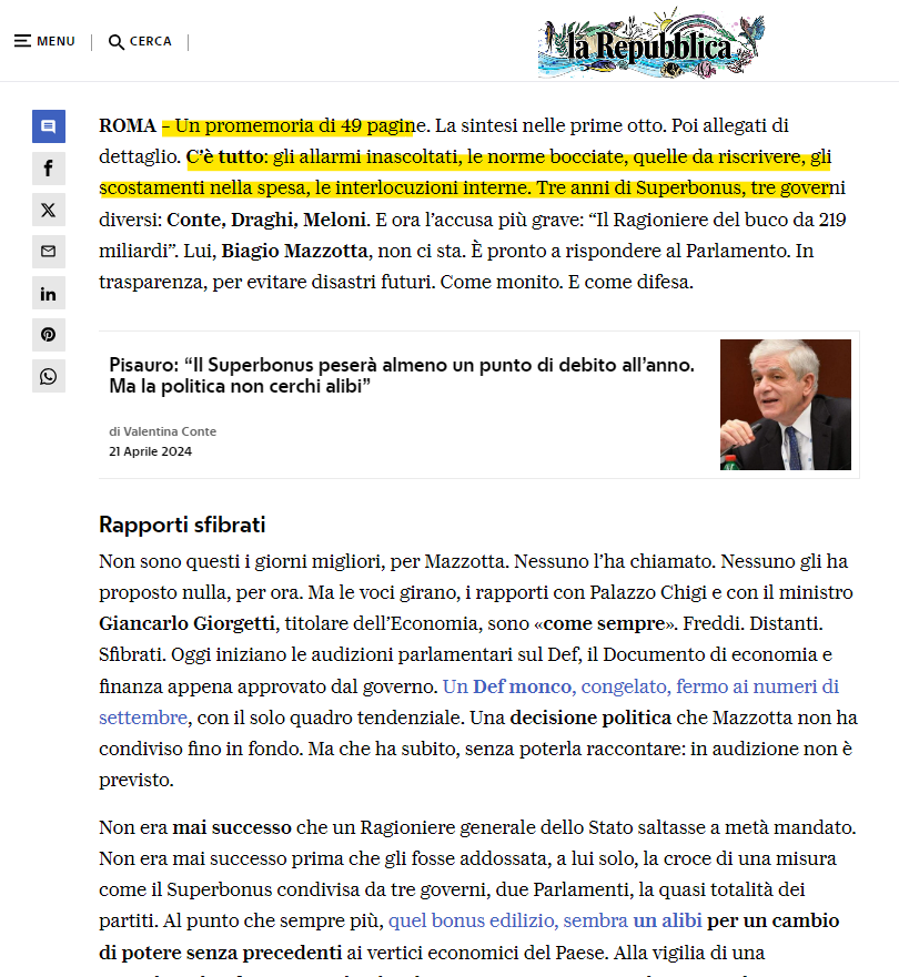 il ragioniere di stato elenca in un dossier le magagne della gestione superbonus: norme bocciate, allarmi inascoltati, scostamenti della spesa

la misura è stata nelle mani di #Conte 6 mesi 
quindi tutto quanto denuncia è ascrivibile ai governi successivi

messo nero su bianco