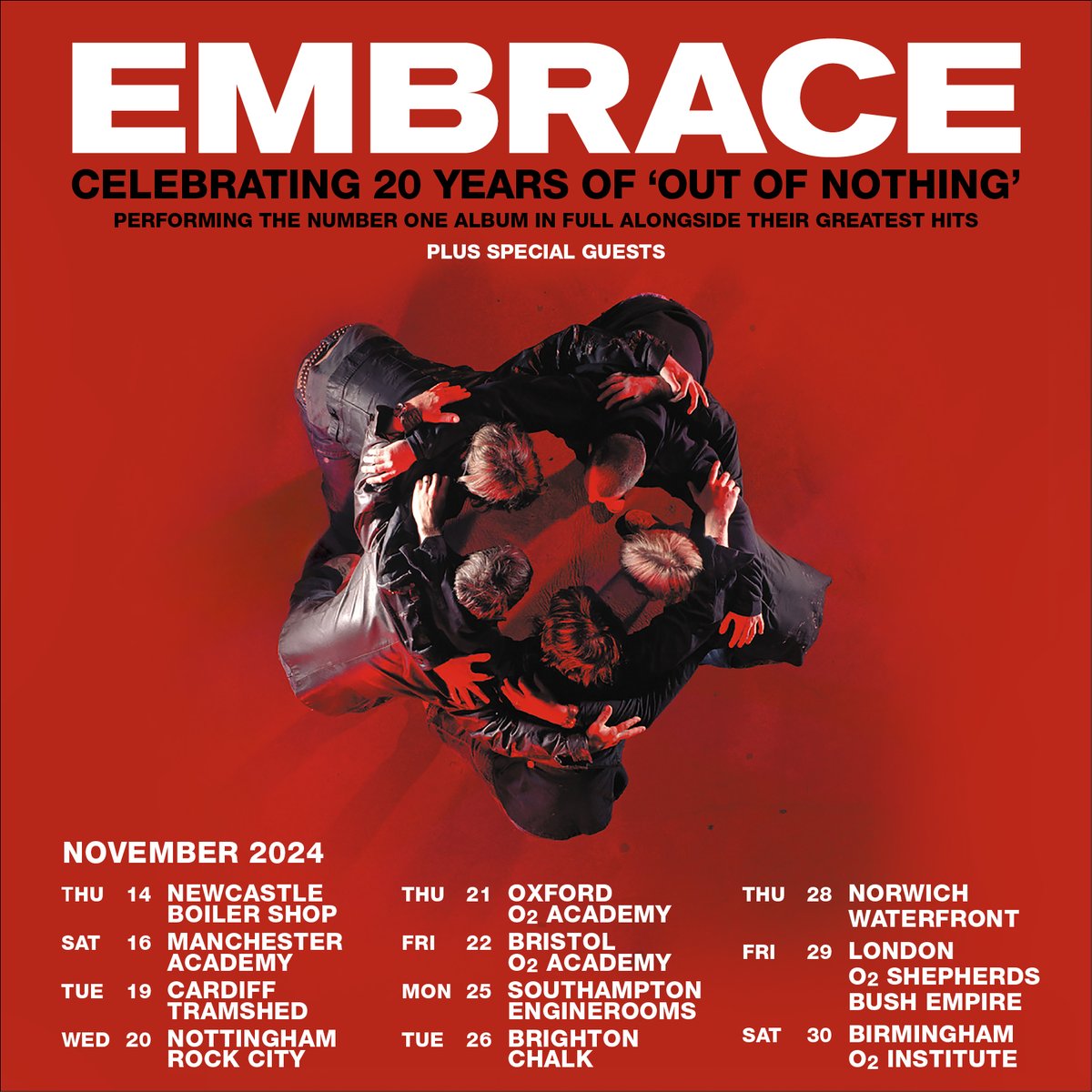 .@embrace celebrate the 20th anniversary of their massive-selling, No.1 album, ‘Out Of Nothing’, as they hit the road playing their biggest selling record in full, along with other great hits. Here on Fri 22 Nov. Priority Tickets on sale 9am Wed 24 Apr 👉 amg-venues.com/X3gY50RkSip