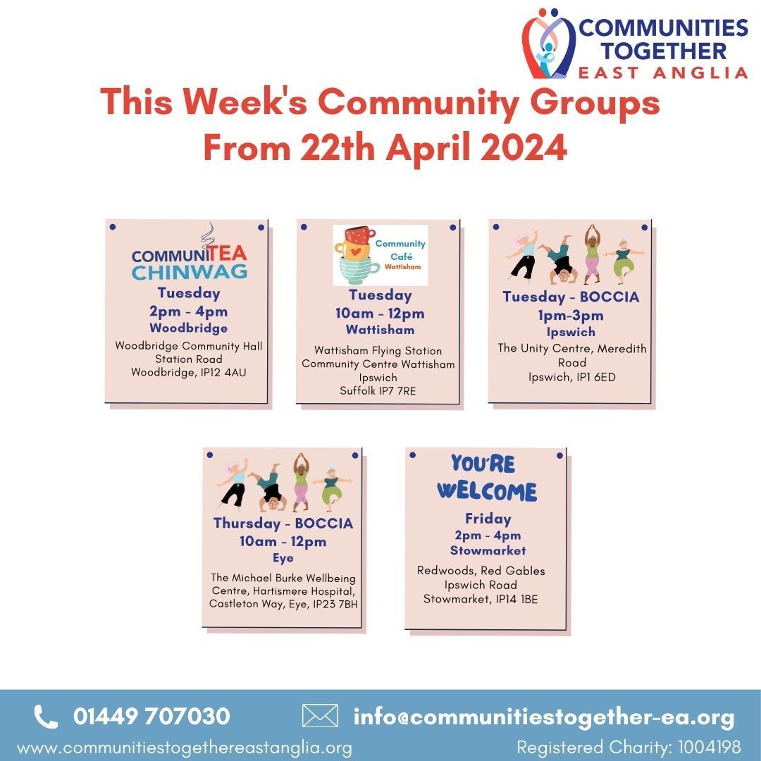SESSIONS THIS WEEK

For more information about our sessions please contact info@communitiestogether-ea.org or call 01449 707030.
