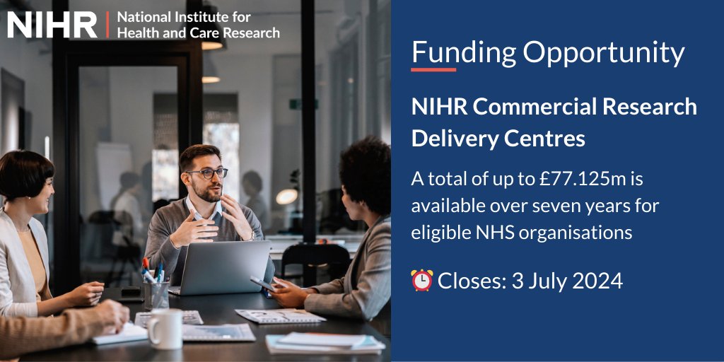 📢 Our Commercial Research Delivery Centres competition is open for applications! The CRDCs will accelerate the delivery of commercial clinical research for the benefit of the health & wealth of the nation. Find out more and apply now:nihr.ac.uk/funding/nihr-c…