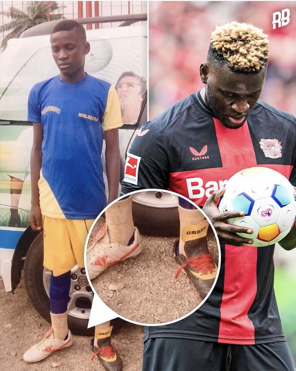 A photo worth a thousand goals 👏 Victor Boniface shared a photo of him as a kid, playing street football in Nigeria with mismatched boots. Last week, he lifted the Bundesliga trophy with Bayer Leverkusen as a 23 year old. So inspiring - never give up on your dreams 🙏