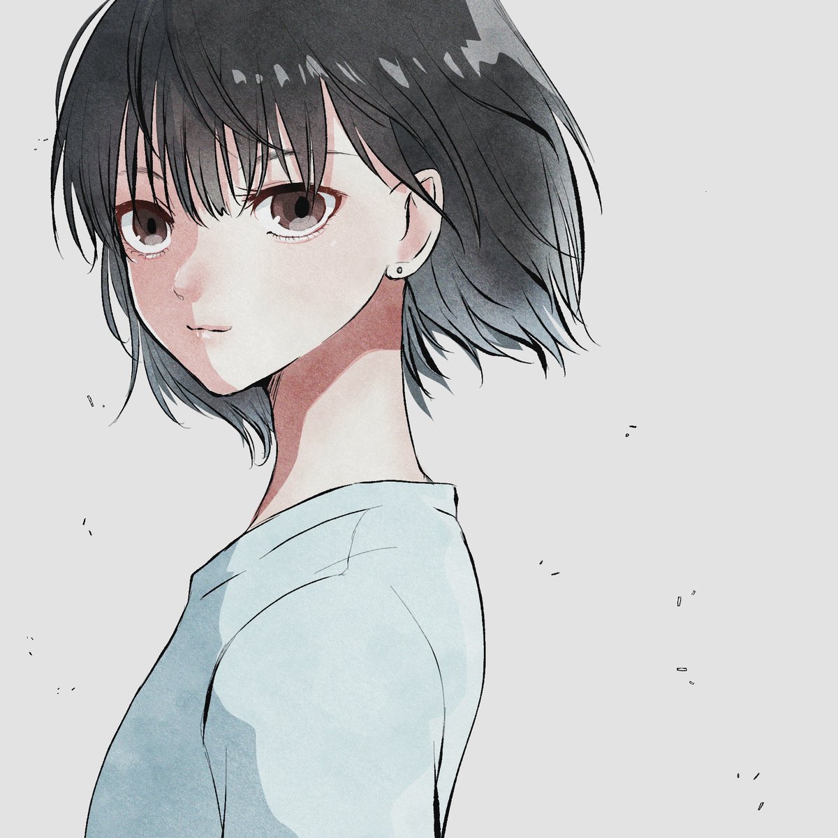 1girl solo looking at viewer short hair simple background shirt black hair  illustration images