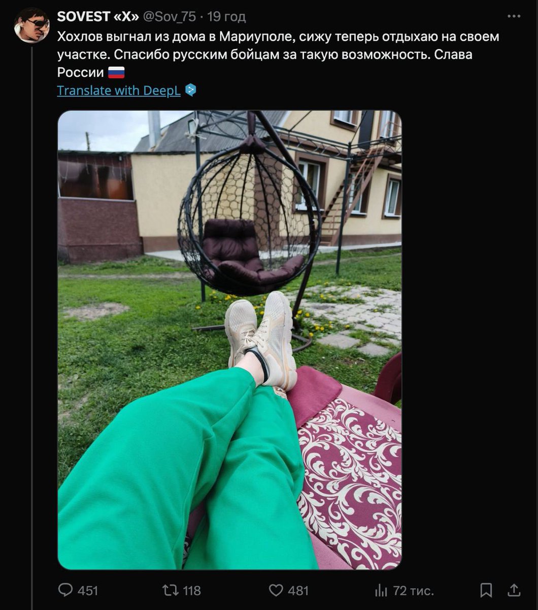 A 🇷🇺 occupier brags about having a great time at his new property in Mariupol. “Chased khokhols away. Now it’s mine. Thank you, russian fighters”. Yeah, “it’s all about NATO expansion”. #StandWithUkraine