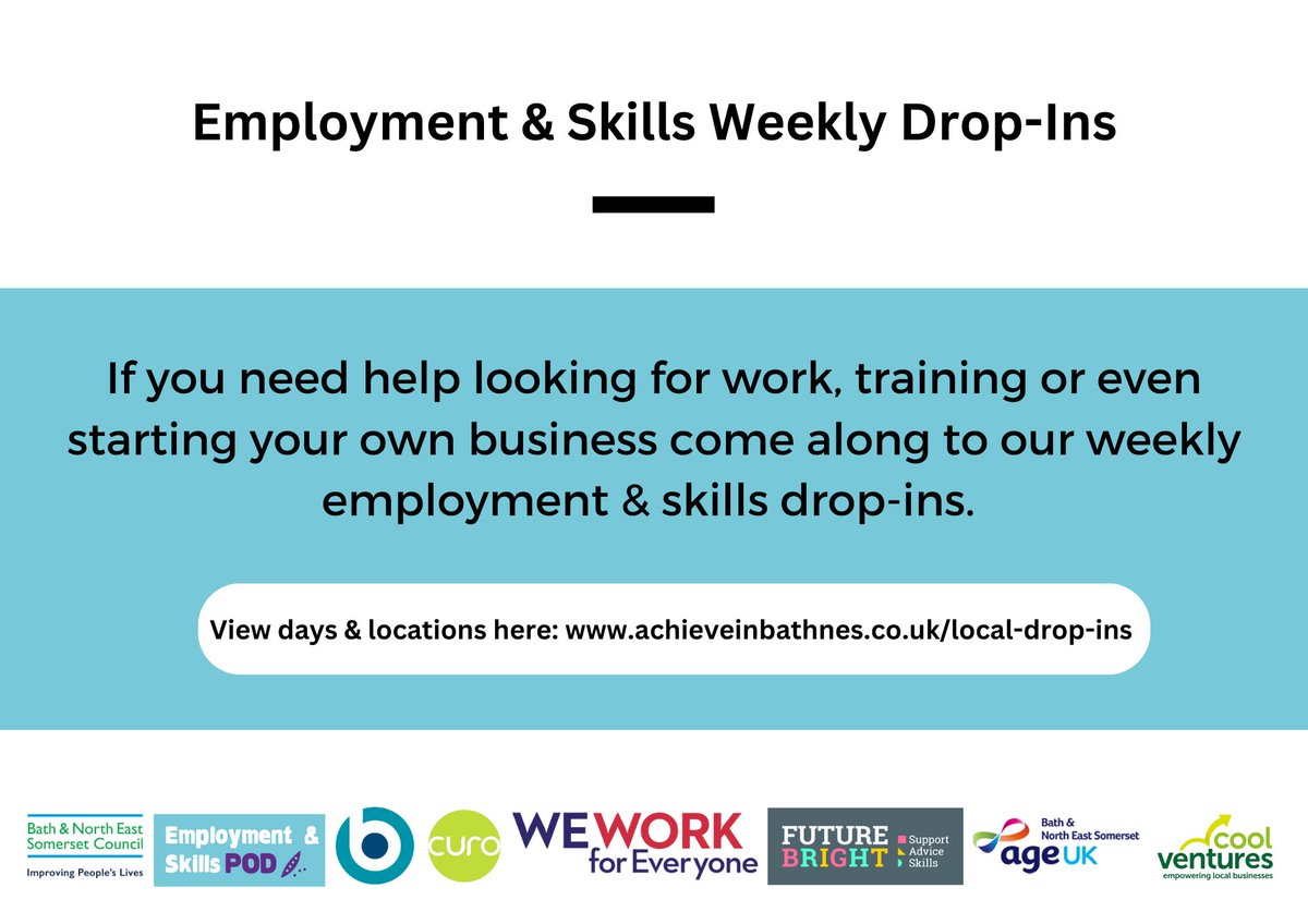 Join the @AchieveBathnes team on different days and locations around B&NES. If you need help looking for work, training or even starting your own business, come along to a drop-in. View days and locations here: shorturl.at/jkpv6