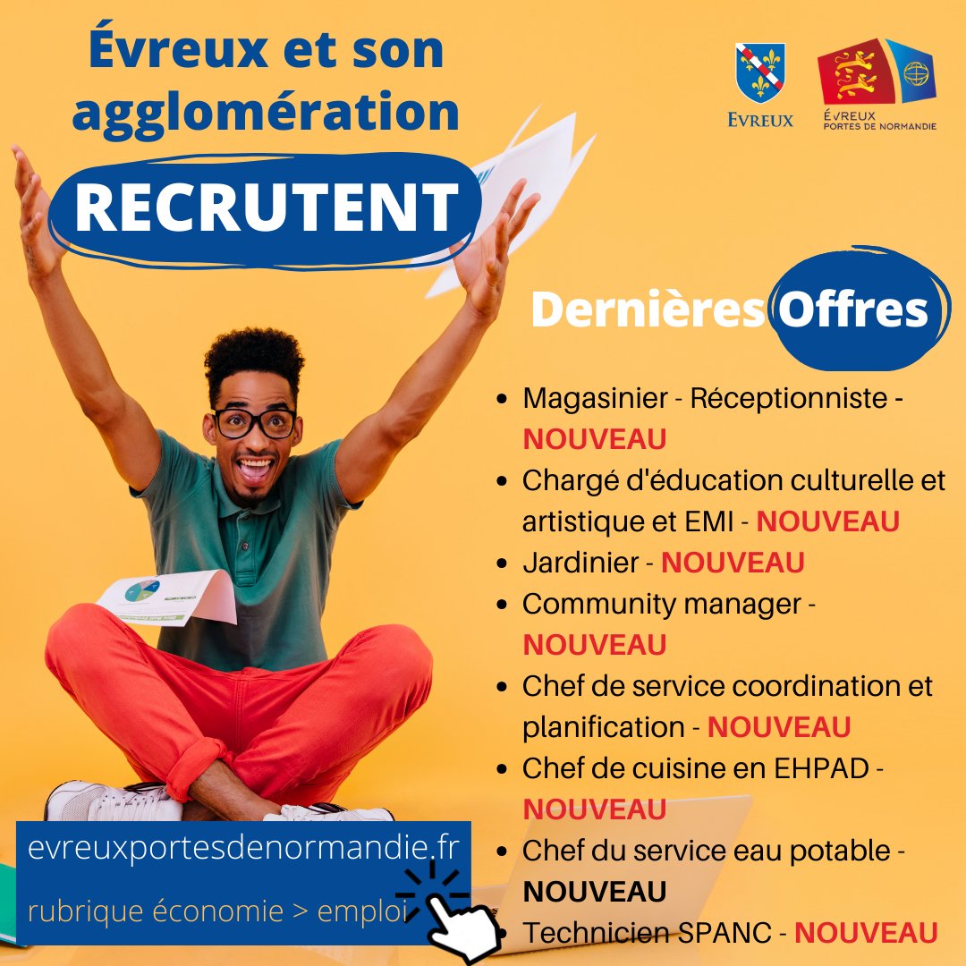 [#EMPLOI]

#Evreux et #aggloevreux recrutent !

&gt; Nouvelles offres : Community manager / E-archiviste / ...

&gt; Offres en cours : Electromécanicien / Animateur agricole / ...

👉 Pour postuler, envoyez votre CV et lettre de motivation ⤵️
evreuxportesdenormandie.fr/285-evreux-por…

#offreemploi