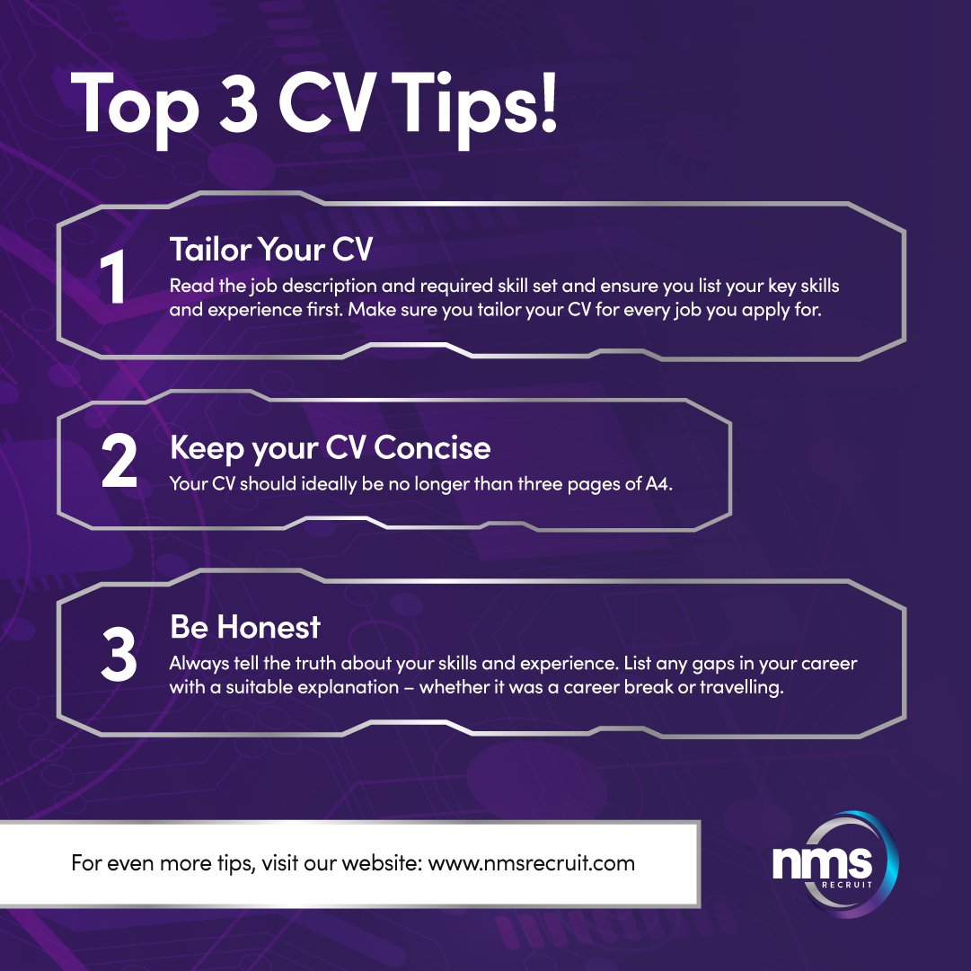 In the competitive world of job hunting, it is important to make your CV stand out to potential employers. Here are our top 3 tips for CV's! 

#nmsrecruit #candidatesupport #CVhelp #CVtoptips