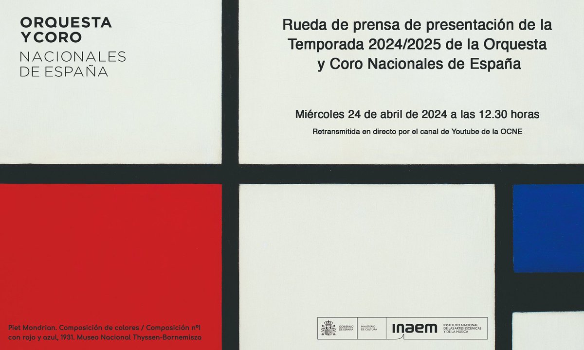 ⌛️ Ya podemos anunciarlo: este miércoles 24 de abril a las 12:30h presentaremos la nueva Temporada 24/25 de la Orquesta y Coro Nacionales de España en el Salón de Tapices del Auditorio Nacional. ¡Retransmitida en directo por nuestro canal de Youtube!