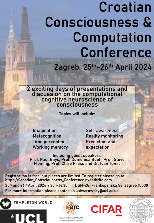 For those in the Zagreb area there are still a few (free!) spots left at our Croatian Consciousness & Computation Conference on 25/26 April- sign up here eventbrite.com/e/croatian-con…
