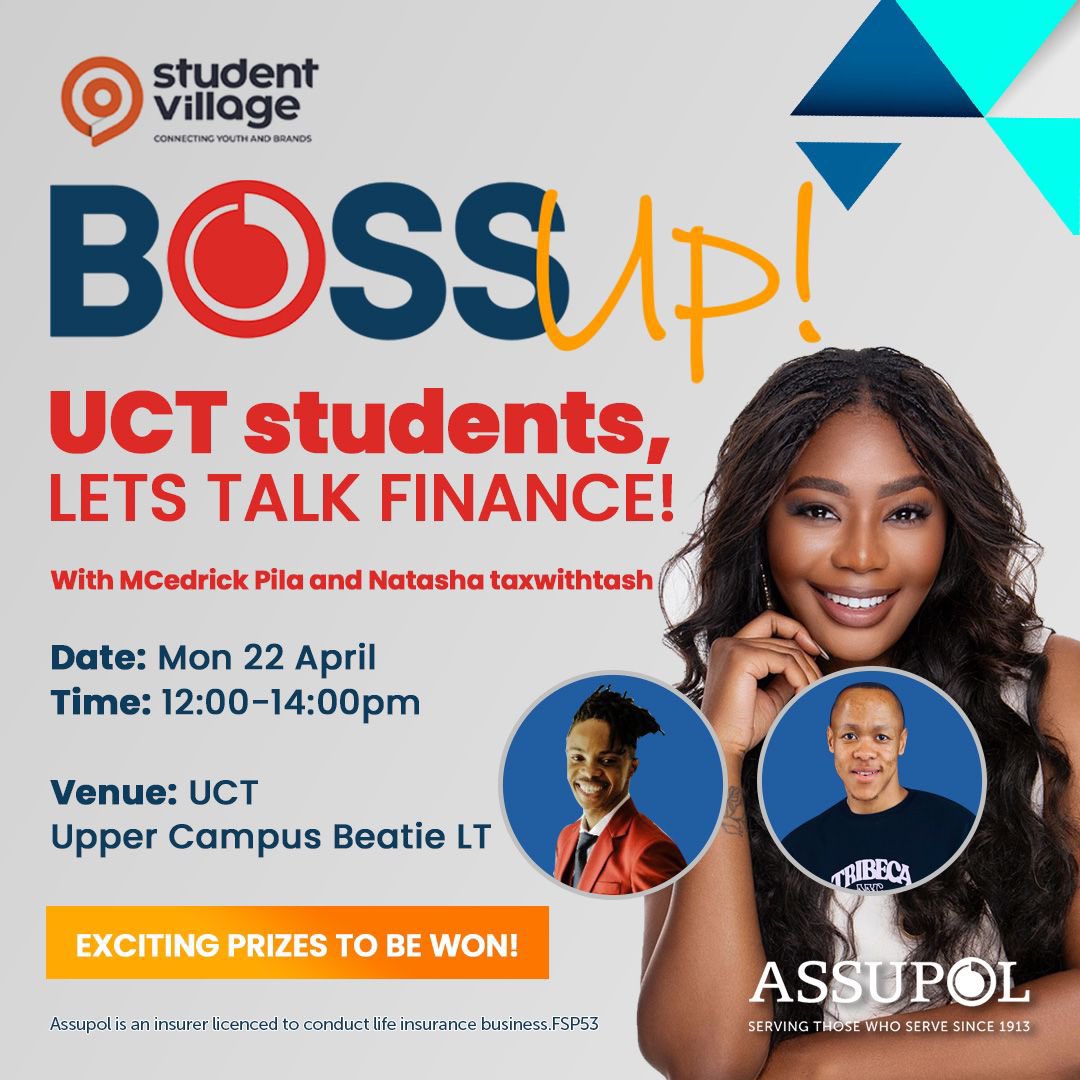 Hey friends 😍
The wait is definitely over, meet us today at the UCT campus for some financial literacy talk. Good prizes are to be worn in this session. Be there, you don’t want to be told.
🗓️: TODAY  
📍: UCT (Beatie LT) 
⏰: 12-14pm 

#BossUpWithAssupol
#BossUpUCT