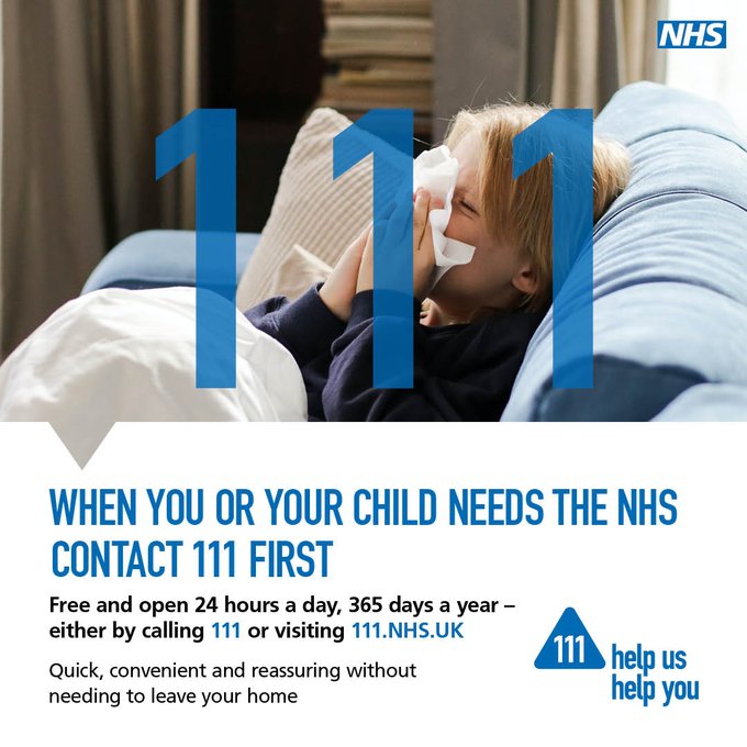 If you or your child is feeling unwell, please choose the right NHS service. If you need same day urgent care or aren’t sure which service you need, contact #NHS111 online or call 111. It’s free and open 24/7. 111.NHS.UK #HelpUsHelpYou