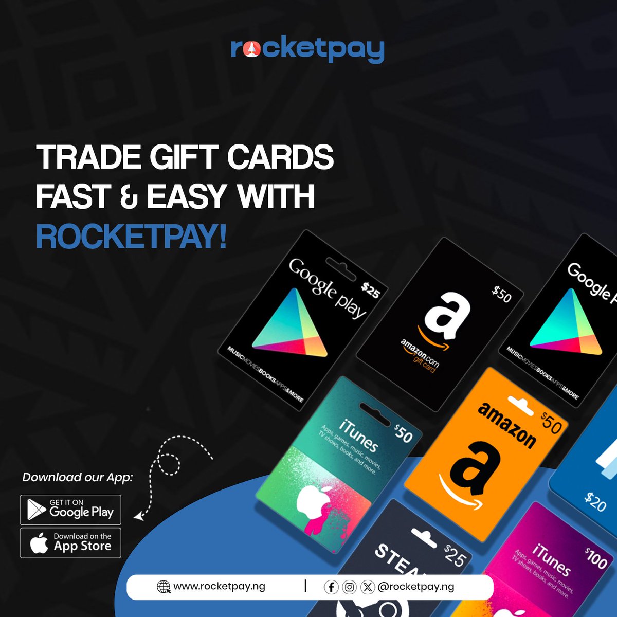 Trade Gift Cards, fast and easy with sweet rates using the RocketPay app... Don't sleep on it, cash out big by trading your gift cards with us now.

Download the RocketPay app now, available on Playstore and App store.
.
.
.
.
.
#giftcards #dollarcards #airtimetocash