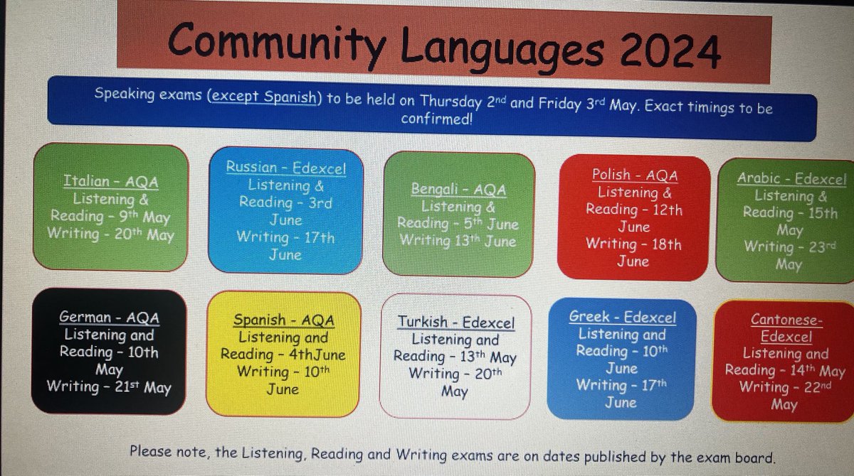 Updated: Here is an exam summary for our Community Language students. If your child is sitting one of these this year, please ensure they are checking Mrs Sturdy’s Google Classroom for exam information, papers and tips.