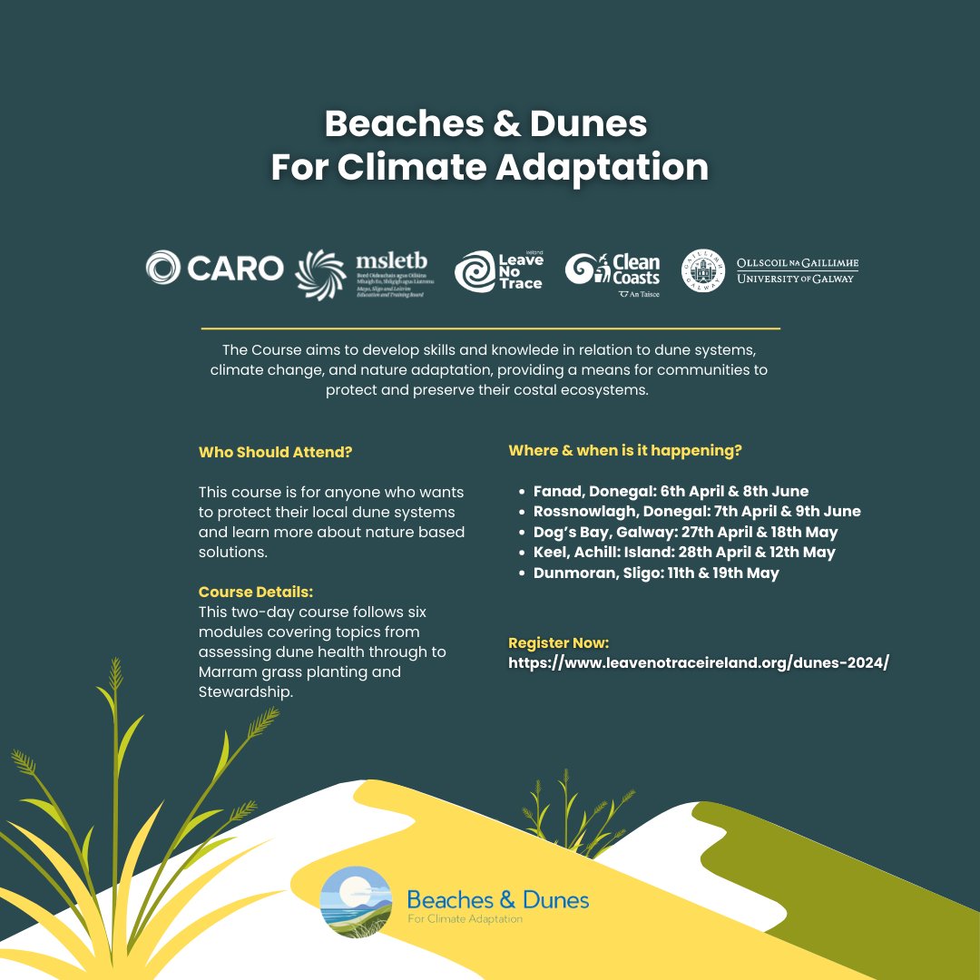 The Beaches & Dunes for Climate Adaptation courses have recently been featured on @themayonews! 💙 Still many more dates in the calendar, check the links below 👇 🔗 Register: leavenotraceireland.org/dunes-2024/ ➡️ Read the article: mayonews.ie/news/local-new…