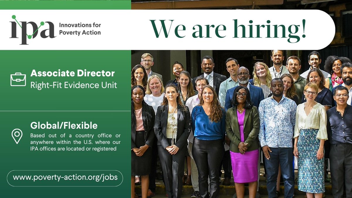 Join IPA's Right-Fit Evidence Unit as an Associate Director! Lead teams in crafting evidence-based solutions. Consulting professionals with an international development background & 7 years of relevant experience are encouraged to apply: bit.ly/ipad1rfe