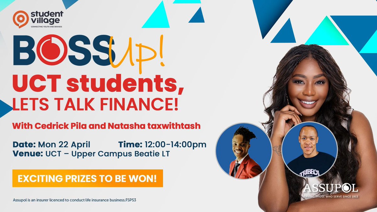Let’s unlock your financial future with  Assupol! 
Join the conversation TODAY at Beatie LT from 12pm-4pm. 
Cool prizes up for grabs 🎁
Be there or be told! 
#BossUpWithAssupol
#FinancialLiteracy
#BossUp24
#BossUpUCT