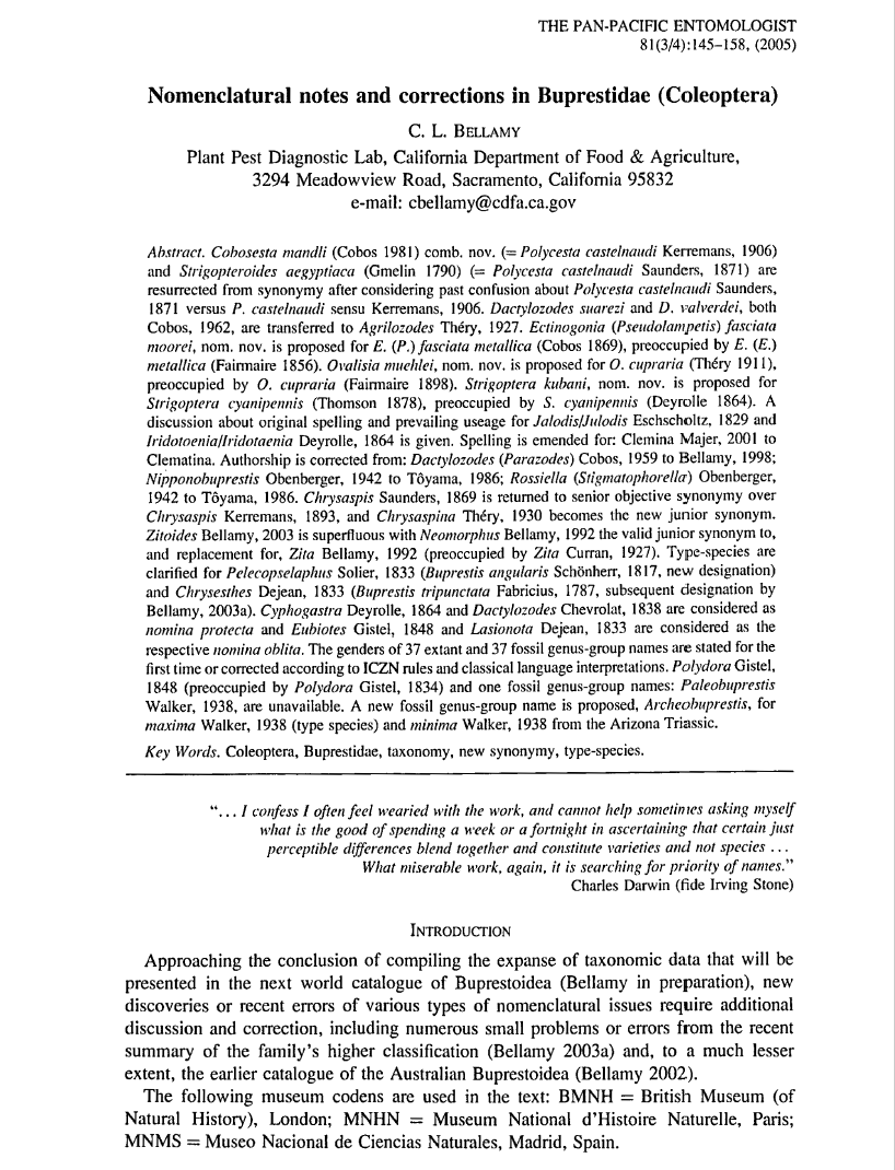 Nomenclatural notes and corrections in Buprestidae (Coleoptera) Pan Pacific Entomologist 81(3-4): 145-158 2005 ISSN/ISBN: 0031-0603 eurekamag.com/research/012/3…