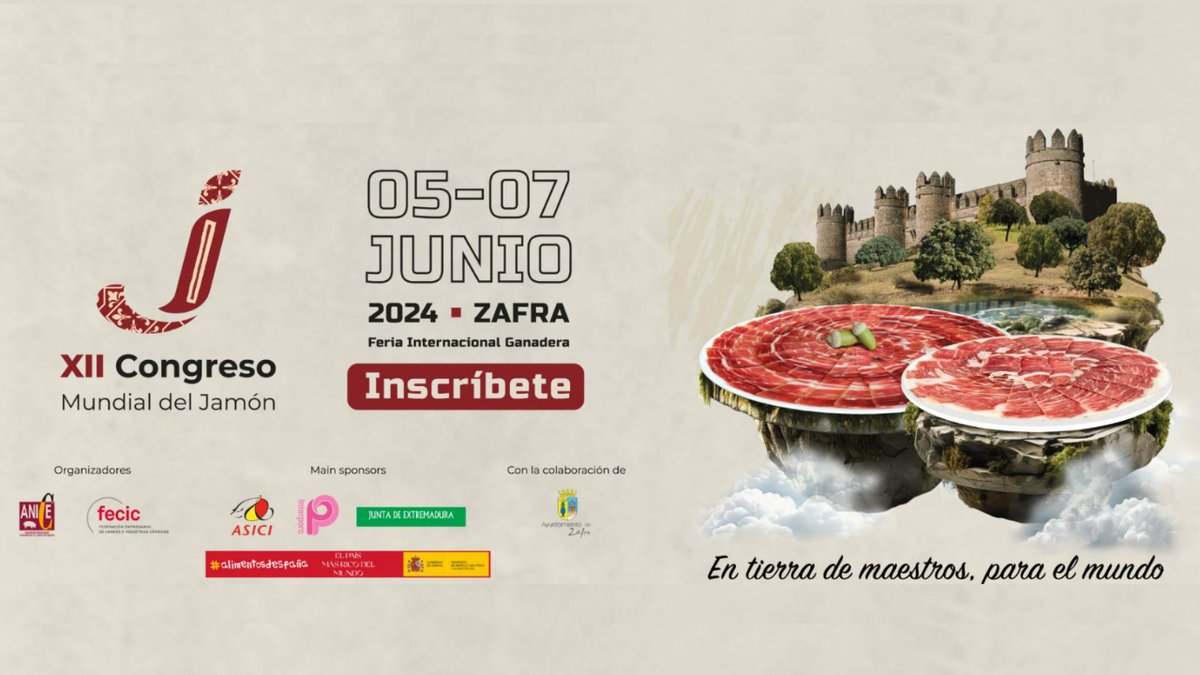 🙋📖 Abre tu agenda y reserva del 5 al 7 de junio.
🔜 Se acerca la celebración del #XIICMJ #EnTierraDeMaestrosParaElMundo, la cita más importante del sector jamonero en nuestro país.

ℹ️ Toda la información, novedades e inscripciones en su web congresomundialdeljamon.es