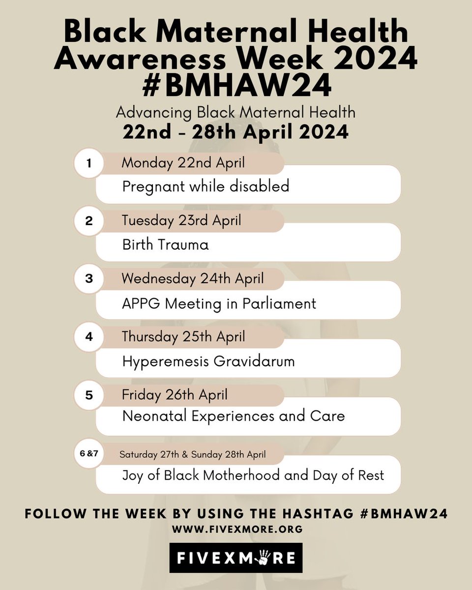 I'm supporting Black Maternal Health Awareness Week 2024 and looking forward to attending this week's APPG in parliament #BMHAW24 @fivexmore @NCTcharity