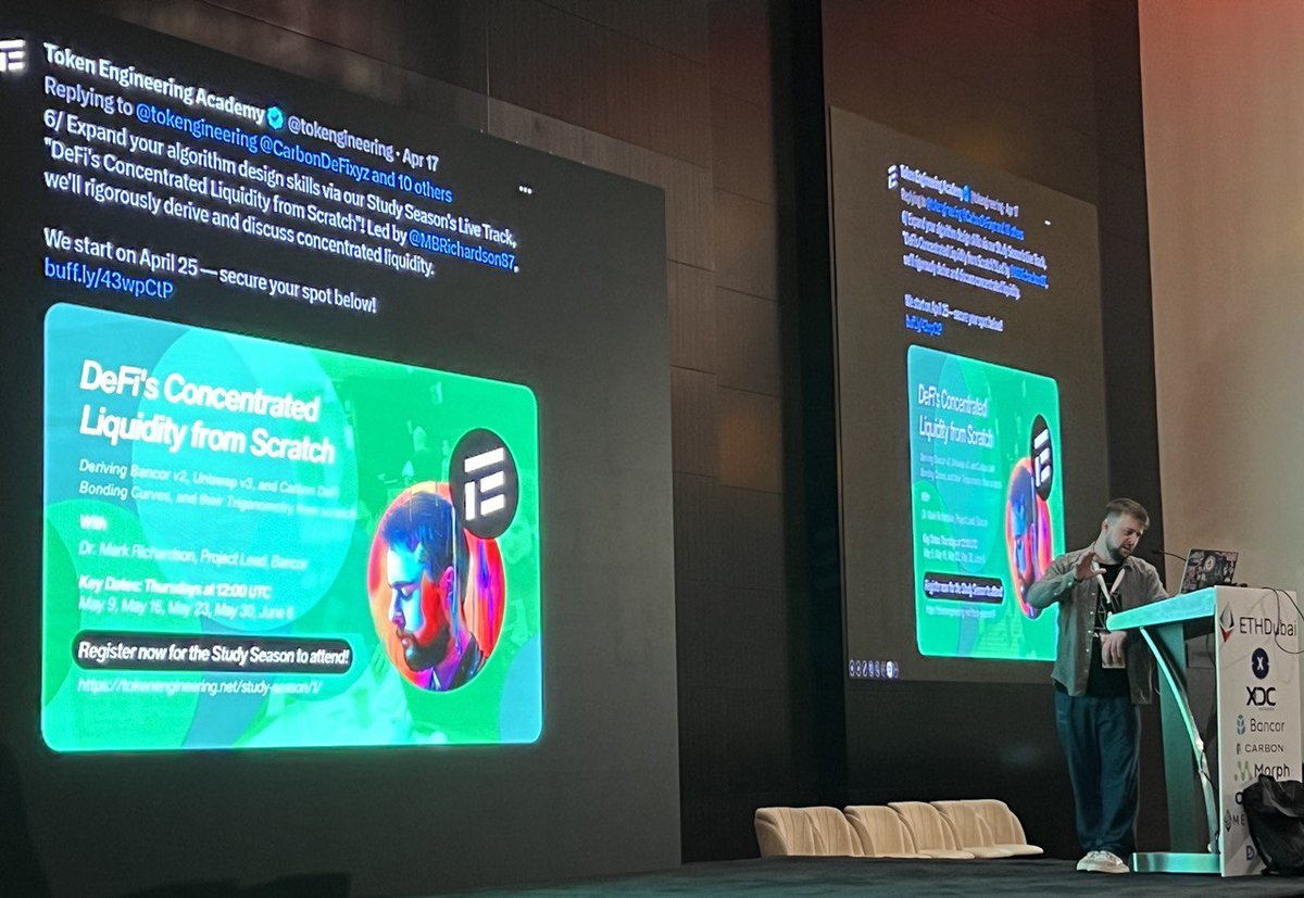 Spotted at @ETHDubaiConf last week 👀🔥 Shoutout to @Bancor Project Lead @MBRichardson87 for sharing our Study Season program on a global stage! Register below today to take part in Mark's Live Track, '#DeFi's Concentrated Liquidity from Scratch' 🚀 ⏩ tokenengineering.net/study-season/1/