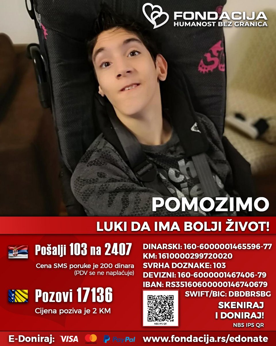 Luka je usled komplikacija pri rođenju dobio cerebralnu paralizu. Zaslugom logopeda i terapeuta uspeva da napreduje. Pomozimo! 🇷🇸 Pošalji SMS: 103 na 2407 🇧🇦 Pozovi: 17136 Skeniraj i doniraj: NBS IPS QR kod E-Doniraj - VISA, MasterCard, PayPal: fondacija.rs/sr/korisnik/31…