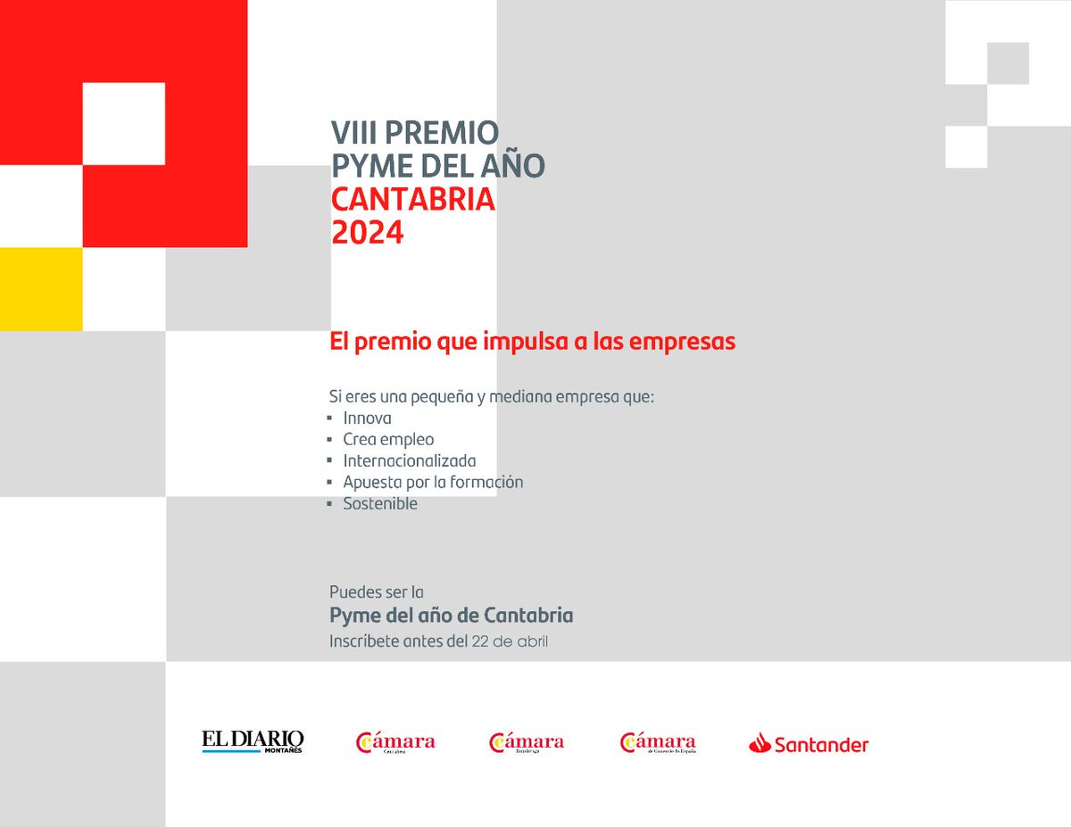 CamaraCantabria's tweet photo. ⏳ ÚLTIMAS HORAS PARA INSCRIBIRSE AL VIII #PremioPyme del Año 2024 en #Cantabria
📆 Tienes hasta el 22 de abril a las 20h 👉 https://t.co/Go9qNPfKYf
❤️ Tu empresa está tiempo de conseguir el (re)conocimiento que merece 💪
#Cantabria #CámaraCantabria #PremioPymeCantabria https://t.co/elWwkDDACb