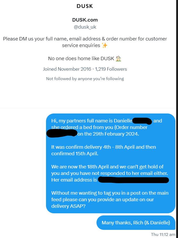 talent_locker's tweet photo. @dusk_uk HELLO!? No call backs. No phone answering. No email replying. We ordered our bed ages ago and nothing. Have you stolen our money? https://t.co/rg3FpbYAGM