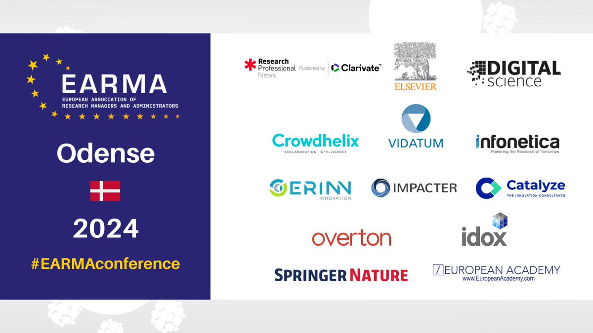 We're delighted to be joined by our esteemed partners in Denmark this week for the #EARMAconference🇩🇰🎊 Our partners will be at the Odense Congress Centre to meet with the European #researchmanagement community and share their expertise🇪🇺 Make sure to engage with them!🤝