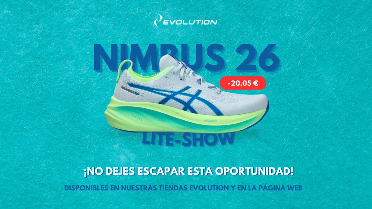 DportsEvolution's tweet photo. ¡Aprovecha esta oportunidad en las Asics Gel-Nimbus 26 Lite-Show! ¡Corre hacia nuestras tiendas Evolution o visita nuestra página web!🏃‍♂️👟 #running #nimbus26 #asics #estudiodelapisadamadrid #madridrunning https://t.co/YUtFzlow1L