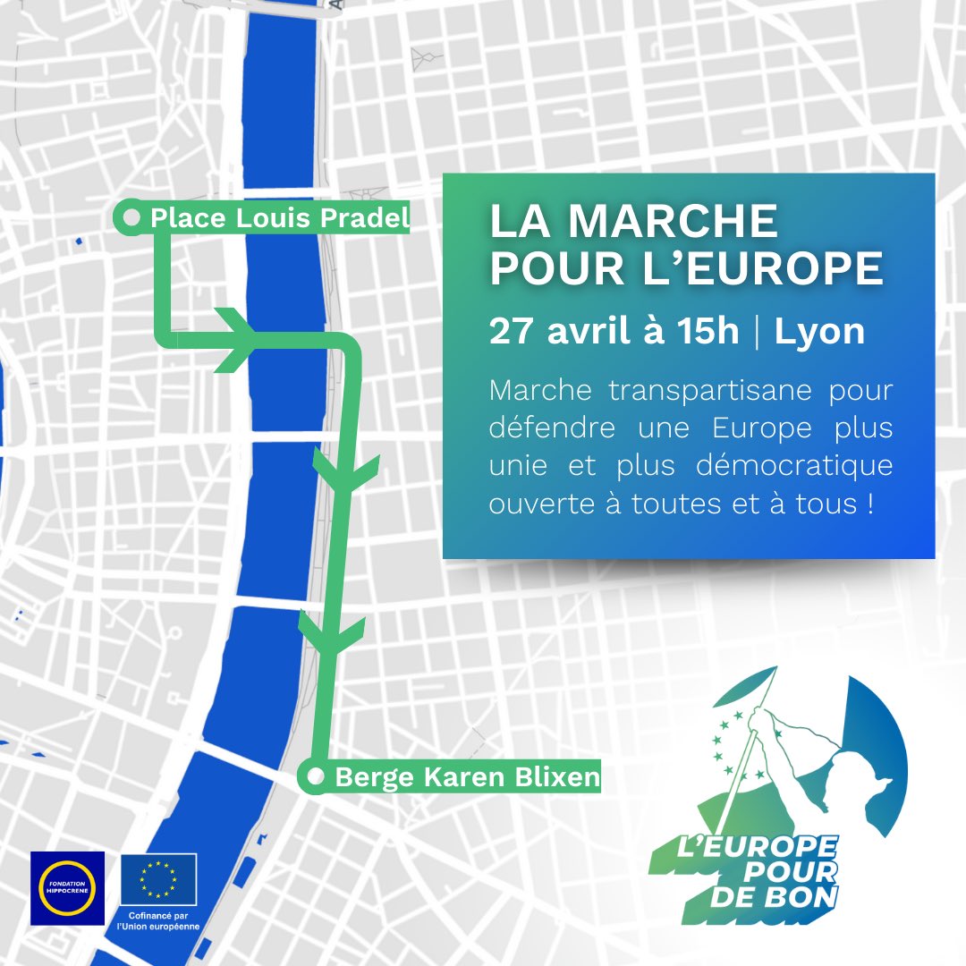 Samedi, on marche pour l'Europe ! 📍 27 avril à Lyon, départ à 15h Place Louis Pradel Pour défendre une 🇪🇺 plus unie et démocratique, pour appeler au vote et sensibiliser aux enjeux de ce scrutin, rejoignez-nous pour cette marche ouverte à tous et transpartisane !