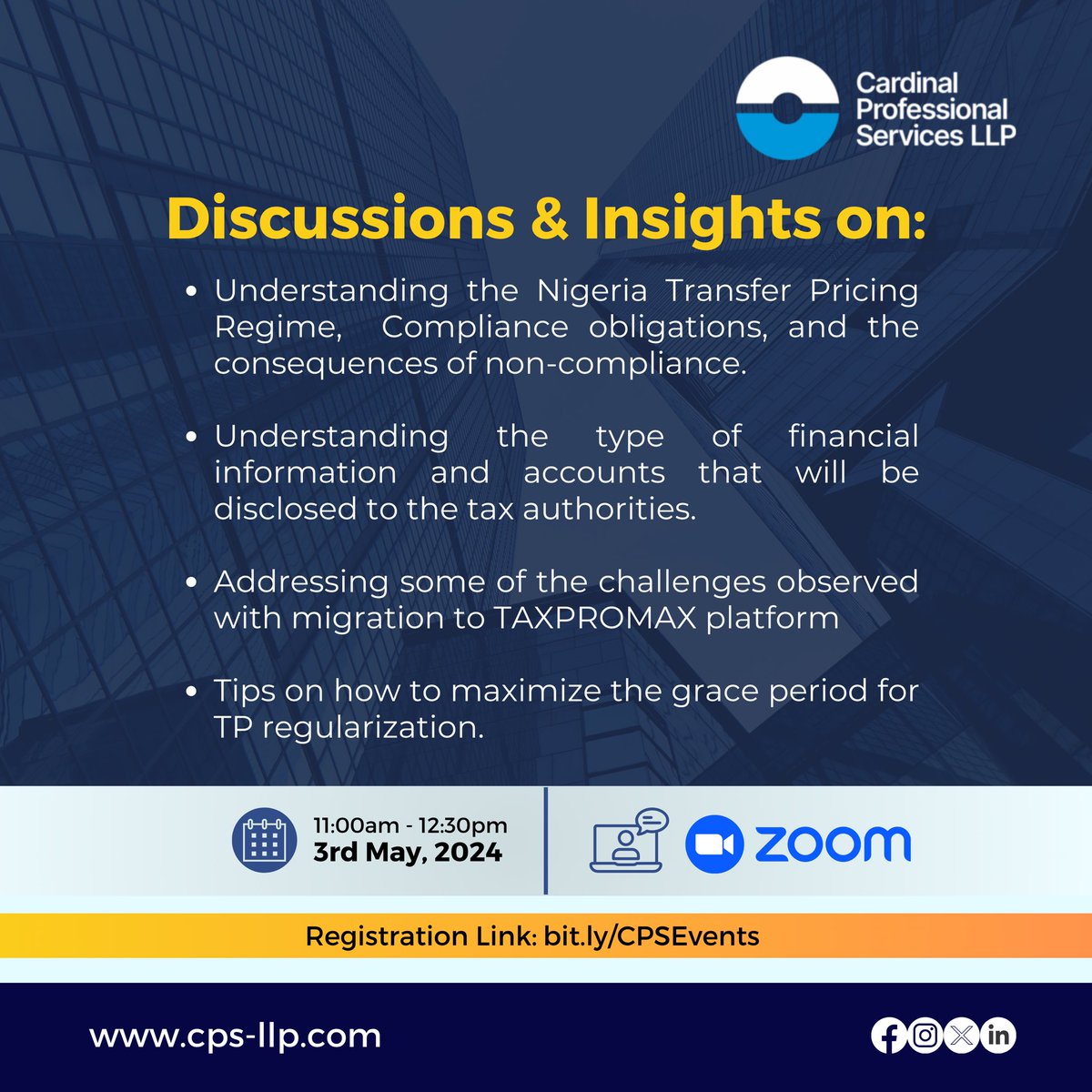 Confused by Transfer Pricing in Nigeria? 🇳🇬

Join our FREE webinar (Friday, May 3rd, 11 AM WAT!). Get expert insights & ensure compliance!

Register: bit.ly/CPSEvents

P.S. Share with colleagues!

#TransferPricing #Nigeria #Webinar #Tax #Business