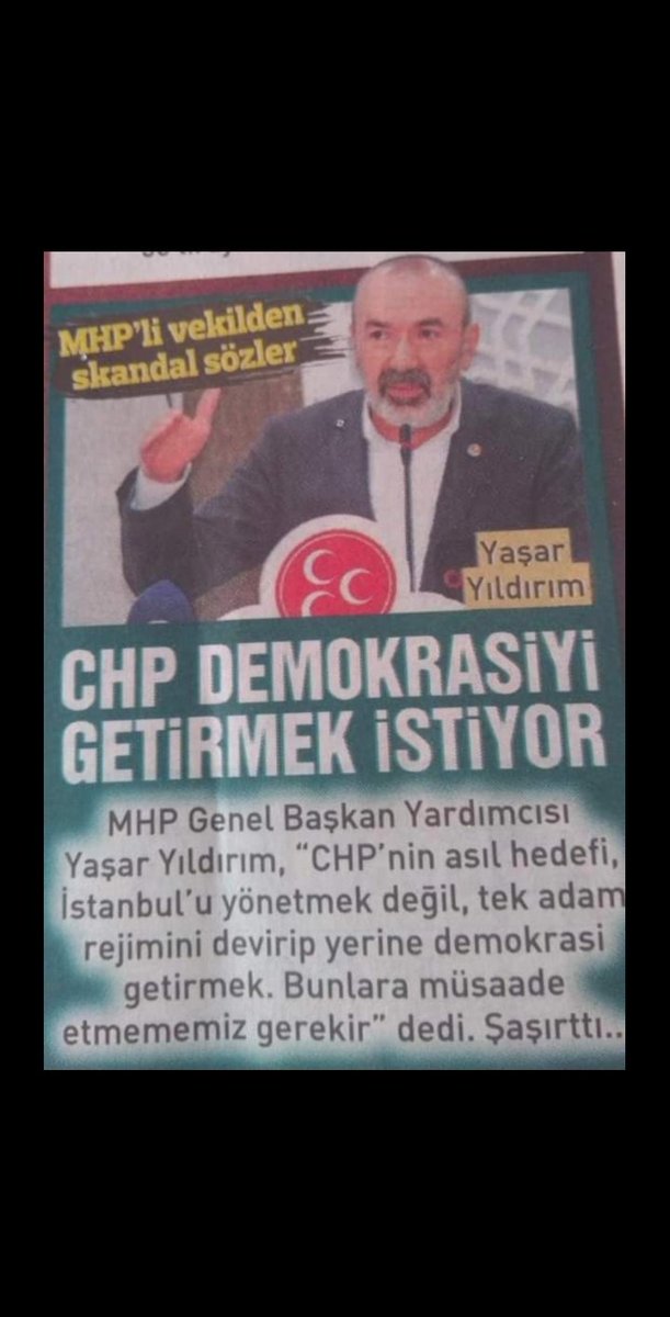 Mhp nin demokrasiye cumhuriyete Atatürk ilke ve devrimlerine düşman olduğunu ilan eden MHP li...
Mhp İslamcı Arap milliyetçisi, padişahlık ve hilafet sevdalısı dır...
Ya allah bismillah allahu ekber, kanımız aksada zafer islam'ın, tekbiiirrrr.