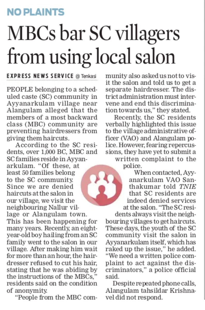 People belonging to a Scheduled Caste community in Ayyanarkulam village of Tenkasi DT alleged that the members of an MBC community are preventing the hairdresser from giving them haircuts. //“People from the MBC community also asked us not to visit the salon and told us to get a